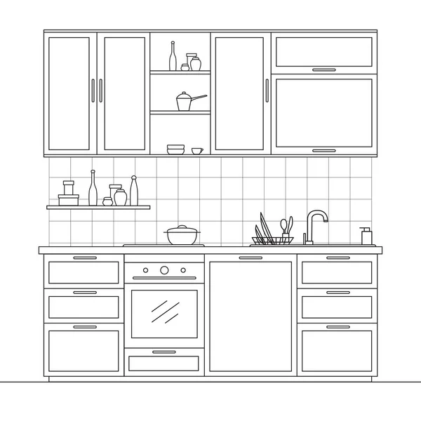 Köksmöbler. Kök med hängande skåp, hylla, spis, rätter, diskbänk och ugn. Vektorillustration i en linjär stil. — Stock vektor