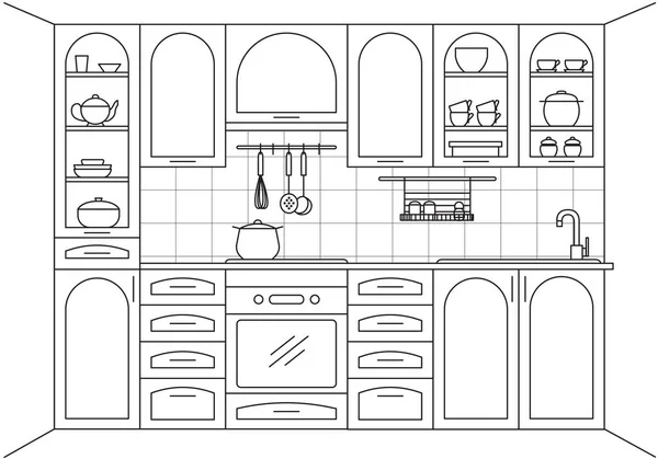 Kuchnia w stylu retro. Kuchnia z kuchenką, naczynia, zlew i piekarnik. Ilustracja wektorowa w stylu liniowe. — Wektor stockowy