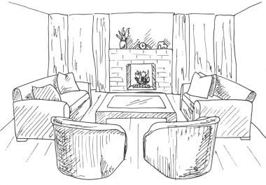 Modern iç. Şömine, koltuk ve kanepe ile lounge. Vektör çizim bir kroki tarzı.