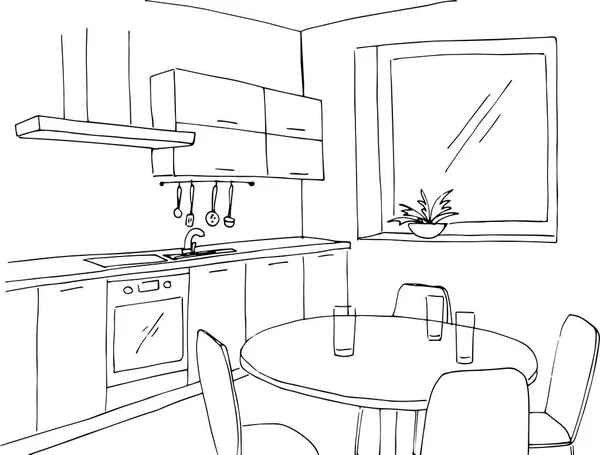 Cocina de bocetos con ventana. Ilustración vectorial en un estilo de boceto . — Archivo Imágenes Vectoriales