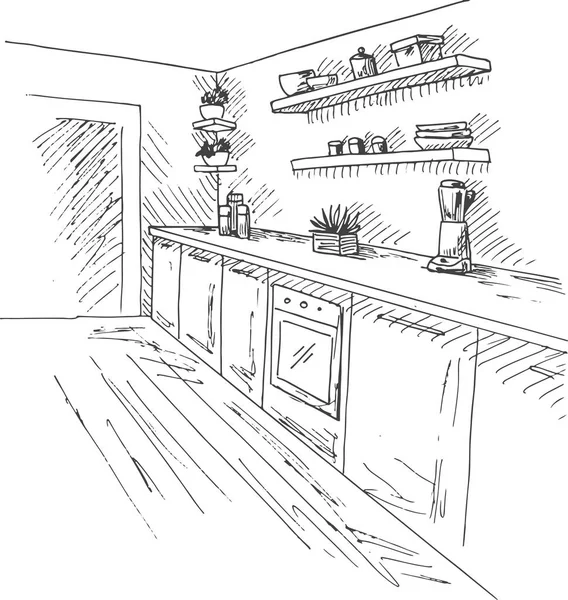 Móveis de cozinha desenhados à mão. Ilustração vetorial em estilo esboço — Vetor de Stock