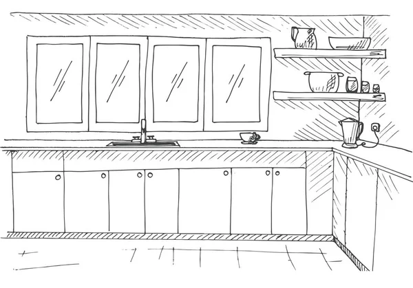 Schets keuken met een groot raam. Vectorillustratie in de stijl van een schets. — Stockvector