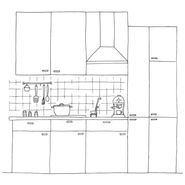 Mobiliario de cocina dibujado a mano. Ilustración vectorial en estilo de boceto — Vector de stock