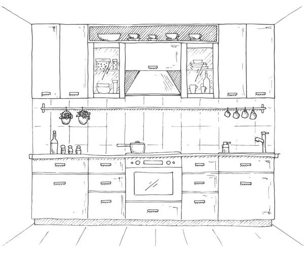 Mobiliario de cocina dibujado a mano. Ilustración vectorial en estilo de boceto — Vector de stock