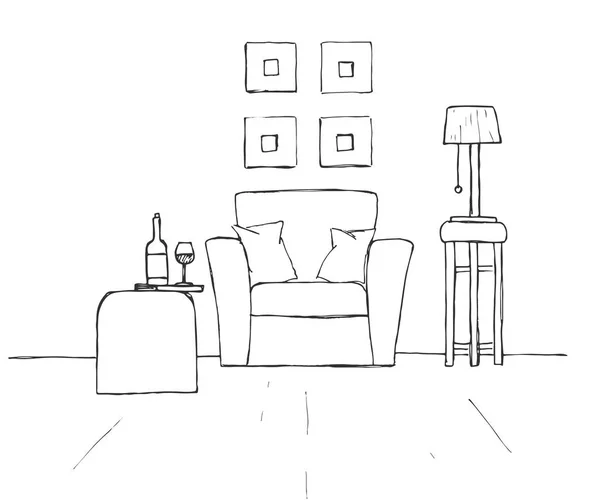 Sessel, Couchtisch mit Glas und Flasche. Lampe auf einem hohen Hocker. Handgezeichnete Vektorillustration eines Skizzenstils. — Stockvektor