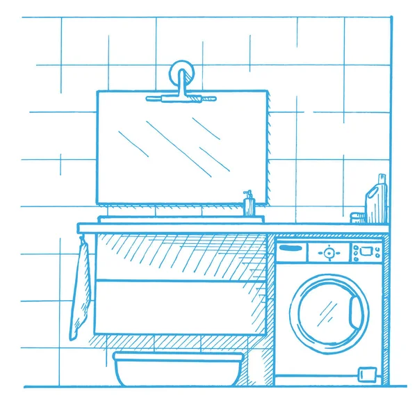 Γραμμική σκίτσο του ένα εσωτερικό. Μέρος του μπάνιου. Εικονογράφηση διάνυσμα. Σκίτσο που σύρονται από ένα μπλε συσκευή τύπου πένας — Διανυσματικό Αρχείο