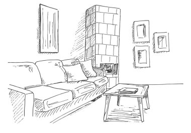 Oturma odası kanepe, masa ve Çinili soba odanın köşesinde. Bir kroki stil vektör çizim.