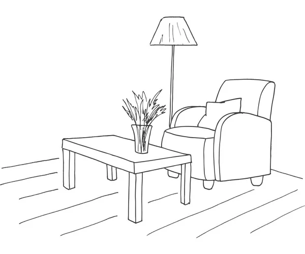 Fauteuil, table avec vase. Lampadaire. Illustration vectorielle dessinée à la main d'un style de croquis . — Image vectorielle