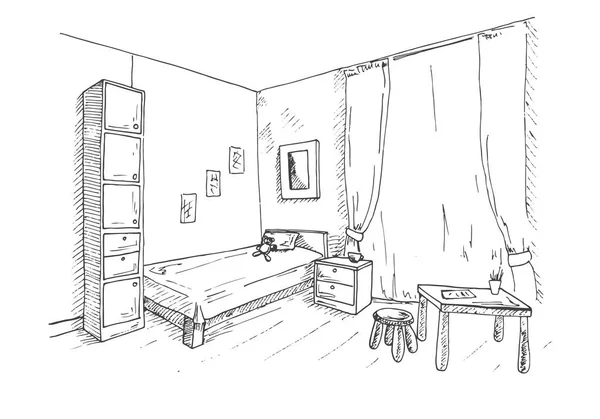 Quarto de crianças. No canto do quarto há uma cama, ao lado de um armário, mesa, cadeira. Ilustração vetorial em estilo esboço — Vetor de Stock