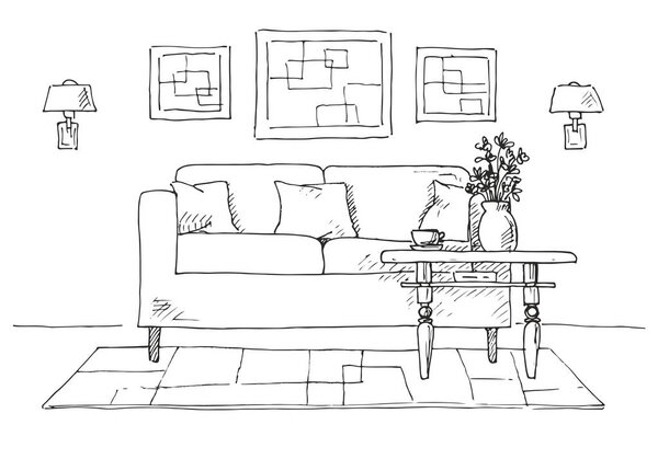 Linear sketch of an interior. Sofa, table, lamp, flower and picture.Hand drawn vector illustration of a sketch style.