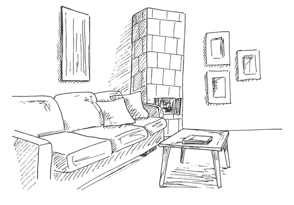 ソファー、テーブル、部屋の隅にタイル張りのストーブのあるリビング ルーム。スケッチ スタイルのベクトル イラスト. — ストックベクタ