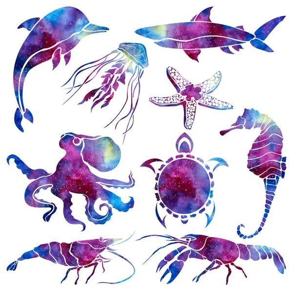 Silhouettes of different marine life. Space background. Hand drawn watercolor illustration. — Stock Photo, Image