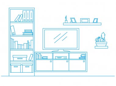  Doğrusal kroki mavi kalem tarafından çizilmiş iç. Kitaplık, şifoniyer Tv ve raflar. Vektör çizim