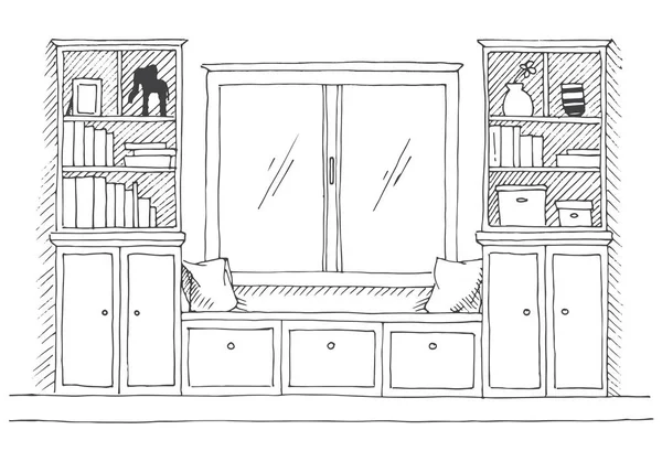 Modernes Interieur. ein Ort zum Entspannen vor dem Fenster. an den Seiten der Bücherregale. Vektor-Illustration eines Skizzenstils. — Stockvektor