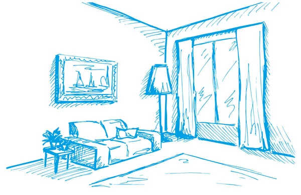 Hand drawn sketch. Linear sketch of an interior. Sketch Line bedrooms. Vector illustration