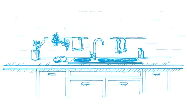 Cocina encimera con fregadero. Ilustración vectorial en estilo de boceto. Dibujo dibujado por una pluma azul . — Archivo Imágenes Vectoriales