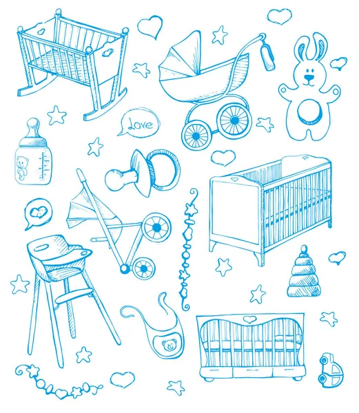 Ställ in barnmöbler. Vektorillustration. Skiss olika för babysängar och barnvagnar. — Stock vektor