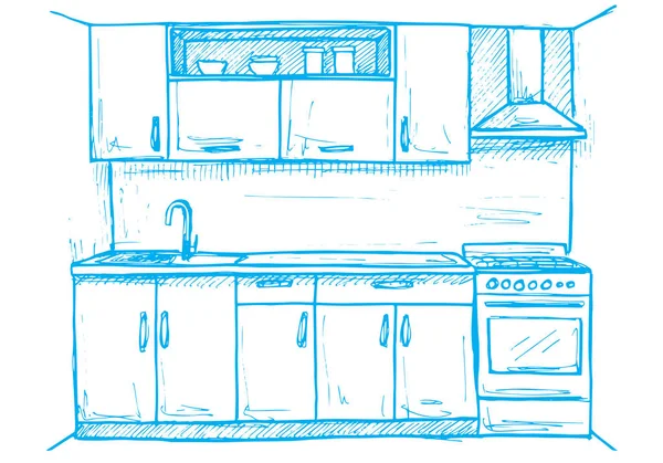 Mão desenhado mobiliário de cozinha moderna. Ilustração vetorial em estilo esboço — Vetor de Stock