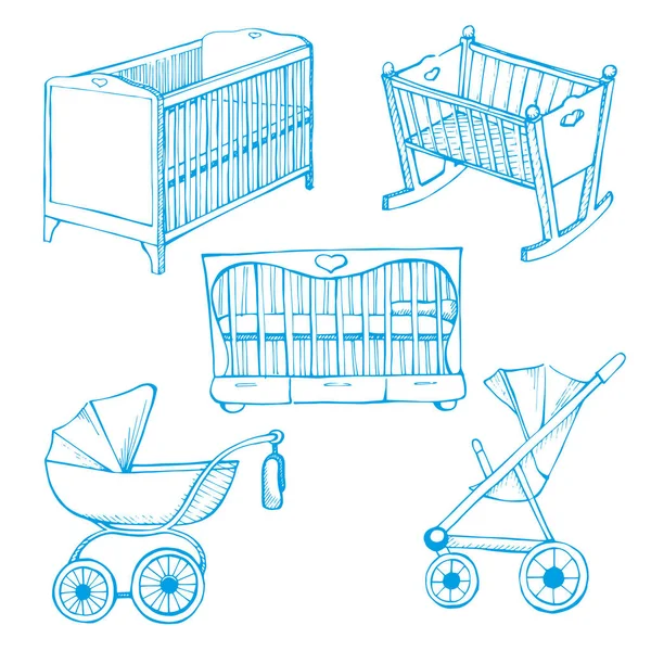 Çocuk odası mobilyaları ayarlayın. Vektör çizim. Çocuk karyolası ve bebek arabası için farklı kroki — Stok Vektör