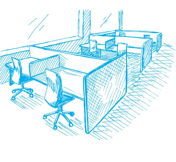 开放空间办公室。工作场所的户外活动。桌子、 椅子和 windows。在素描风格的矢量图. — 图库矢量图片