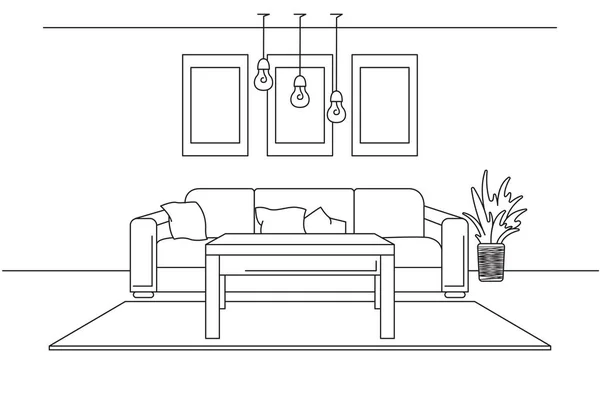 Interior moderno. Sofá, lâmpada e mesa de cabeceira. O relógio está pendurado na parede. Em frente ao sofá há um tapete. Ilustração vetorial em estilo linear . — Vetor de Stock