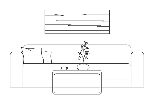 Modern interieur. Sofa, tafel voor de Bank. Op de tafel een vaas met een plant. Op de muur hangt een foto. Vectorillustratie in een lineaire stijl. — Stockvector