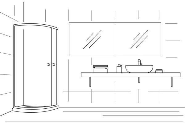 Cuarto de baño. Ducha, espejo doble, encimera con lavabo. Ilustración vectorial en un estilo lineal . — Archivo Imágenes Vectoriales