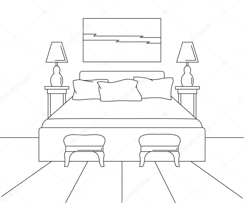 Linear sketch of an interior. Sketch line bedrooms. Bed, two stools