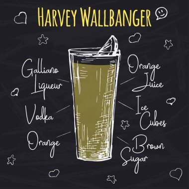Bir alkollü kokteyl Harvey Wallbanger basit tarifi. Tebeşir yazı tahtası üzerinde çizim. Bir kroki stil vektör çizim.