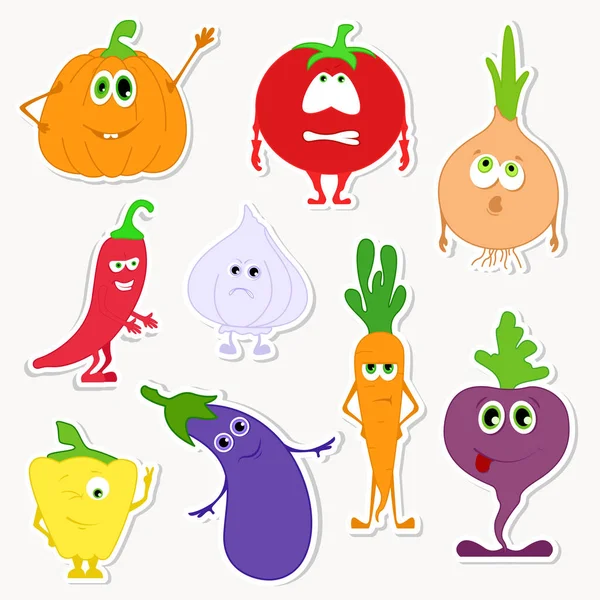 Diferentes verduras divertidas en un estilo de dibujos animados. Conjunto de pegatinas en estilo de dibujos animados . — Archivo Imágenes Vectoriales