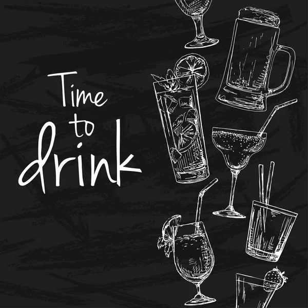 Hintergrund mit verschiedenen Cocktails. Zeichenkreide auf einer Tafel. Bildunterschrift: Zeit zum Trinken. Platzieren Sie Ihren Text. Vektor-Illustration eines Skizzenstils. — Stockvektor