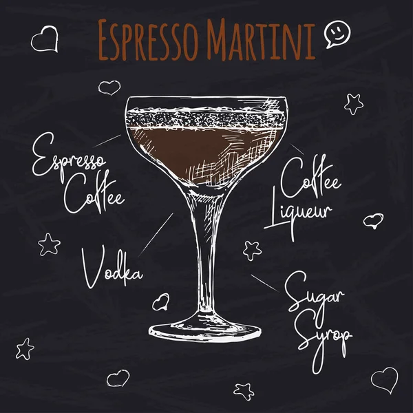 Receta sencilla para un cóctel alcohólico Espresso Martini. Dibujando tiza en una pizarra. Ilustración vectorial de un estilo de boceto . — Archivo Imágenes Vectoriales