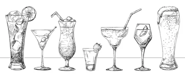 Conjunto de vasos diferentes, cócteles diferentes. Ilustración vectorial de un estilo de boceto . — Archivo Imágenes Vectoriales