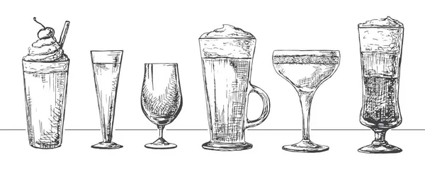 Aantal verschillende glazen, verschillende cocktails. Vectorillustratie van een schets stijl. — Stockvector