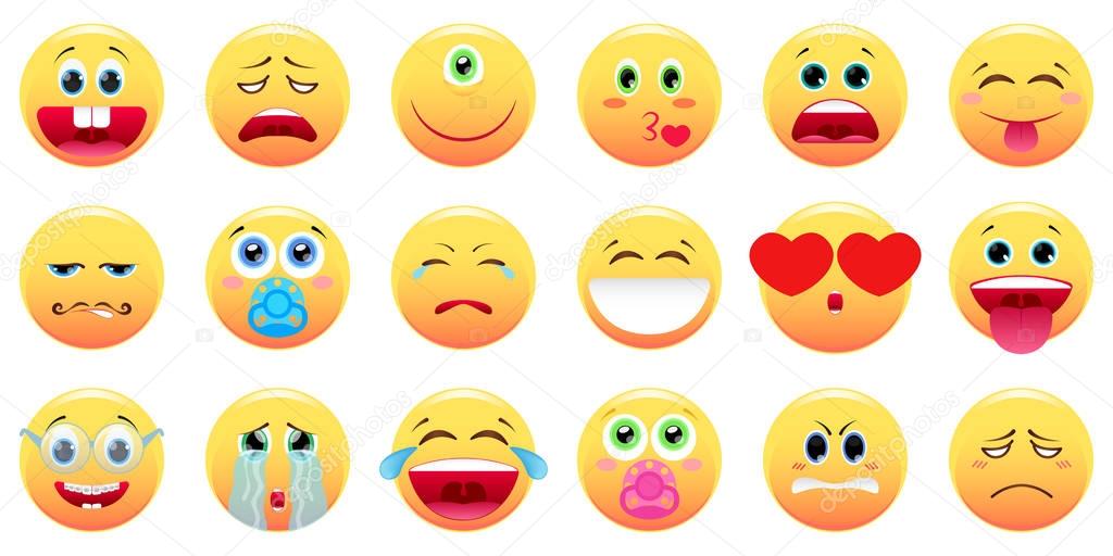Large set of different smileys. Vector illustration in a cartoon style.