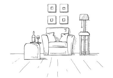 Koltuk, kahve masası, bir bardak ve şişe. Yüksek bir taburede lamba. Bir çizim biçiminin el çizimi vektör çizimi.