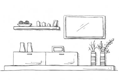 El çizimi eskiz. İçinin doğrusal çizimi. Kitaplık, televizyon ve raflı şifonyer. Vektör illüstrasyonu