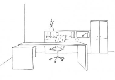 Office bir kroki tarzı. Elle çizilmiş ofis mobilyaları. Vektör çizim.