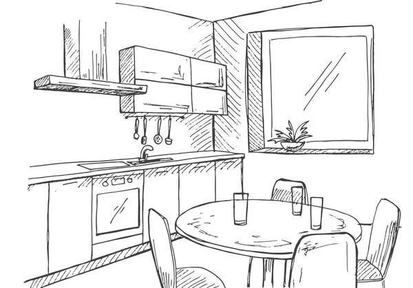 Cocina de bocetos con ventana. Ilustración vectorial en un estilo de boceto . — Archivo Imágenes Vectoriales