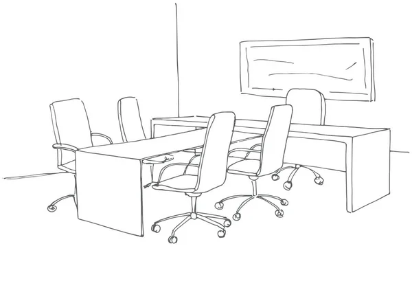 Office i skiss stil. Hand dras office skrivbord, kontorsstol. Vektorillustration. — Stock vektor