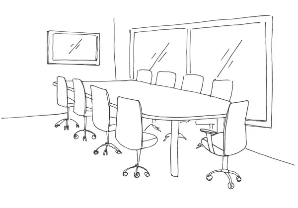 Konferensrum i skiss stil. Hand dras office skrivbord, kontorsstol. Vektorillustration. — Stock vektor