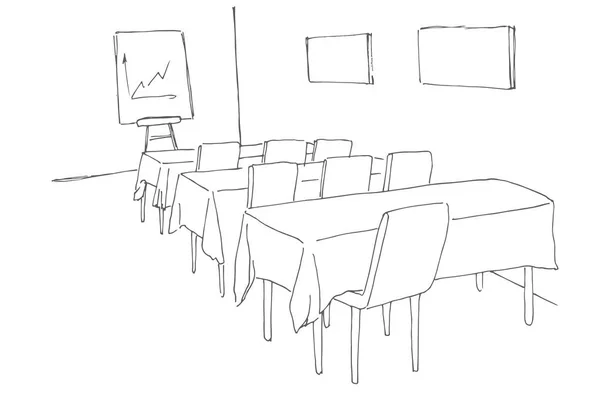 Konferensrum i skiss stil. Hand dras office skrivbord, kontorsstol. Vektorillustration. — Stock vektor