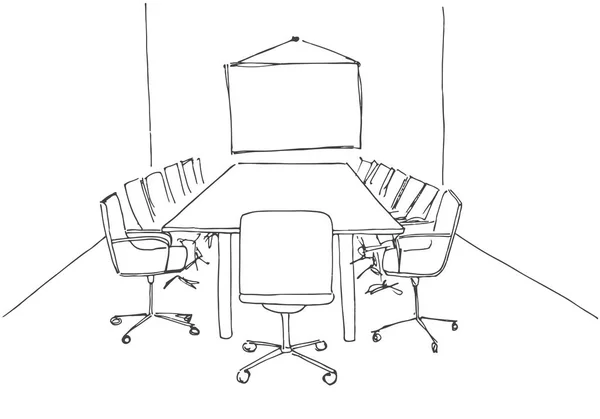 Konferenzraum im Skizzenstil. Handgezeichneter Schreibtisch, Bürostuhl. Vektorillustration. — Stockvektor