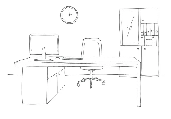 Ufficio in stile schizzo. Mobili da ufficio disegnati a mano. Illustrazione vettoriale . — Vettoriale Stock