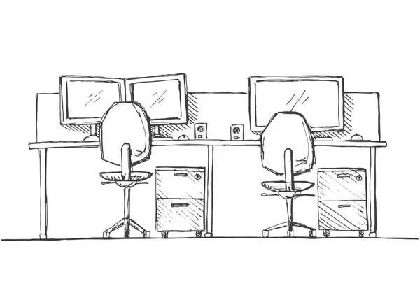 Oficina de Espacio Abierto. Lugares de trabajo al aire libre. Mesas, sillas. Ilustración vectorial en un estilo de boceto . — Vector de stock