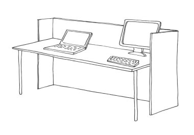 Bir bilgisayarla çalışma masası. Bir kroki stil vektör çizim.