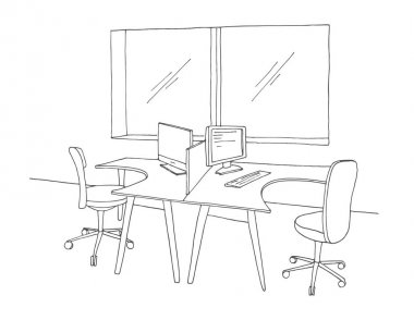 Açık alan ofis. İşyerleri açık havada. Masalar, sandalyeler. Vektör çizim bir kroki tarzı.
