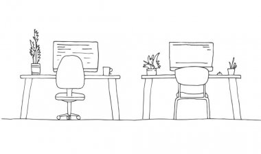 Kroki Oda. Ofis koltuğu, Resepsiyon, masanın üzerinde çeşitli nesneler. Çalışma alanı çizin. Vektör çizim