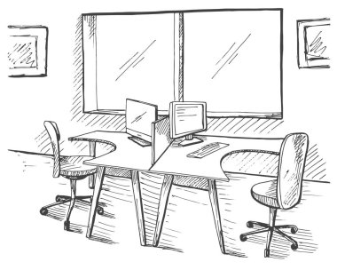Açık alan ofis. İşyerleri açık havada. Masalar, sandalyeler. Vektör çizim bir kroki tarzı.