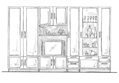 El çizimi eskiz. İçinin doğrusal çizimi. Kitaplık, televizyon ve raflı şifonyer. Vektör illüstrasyonu